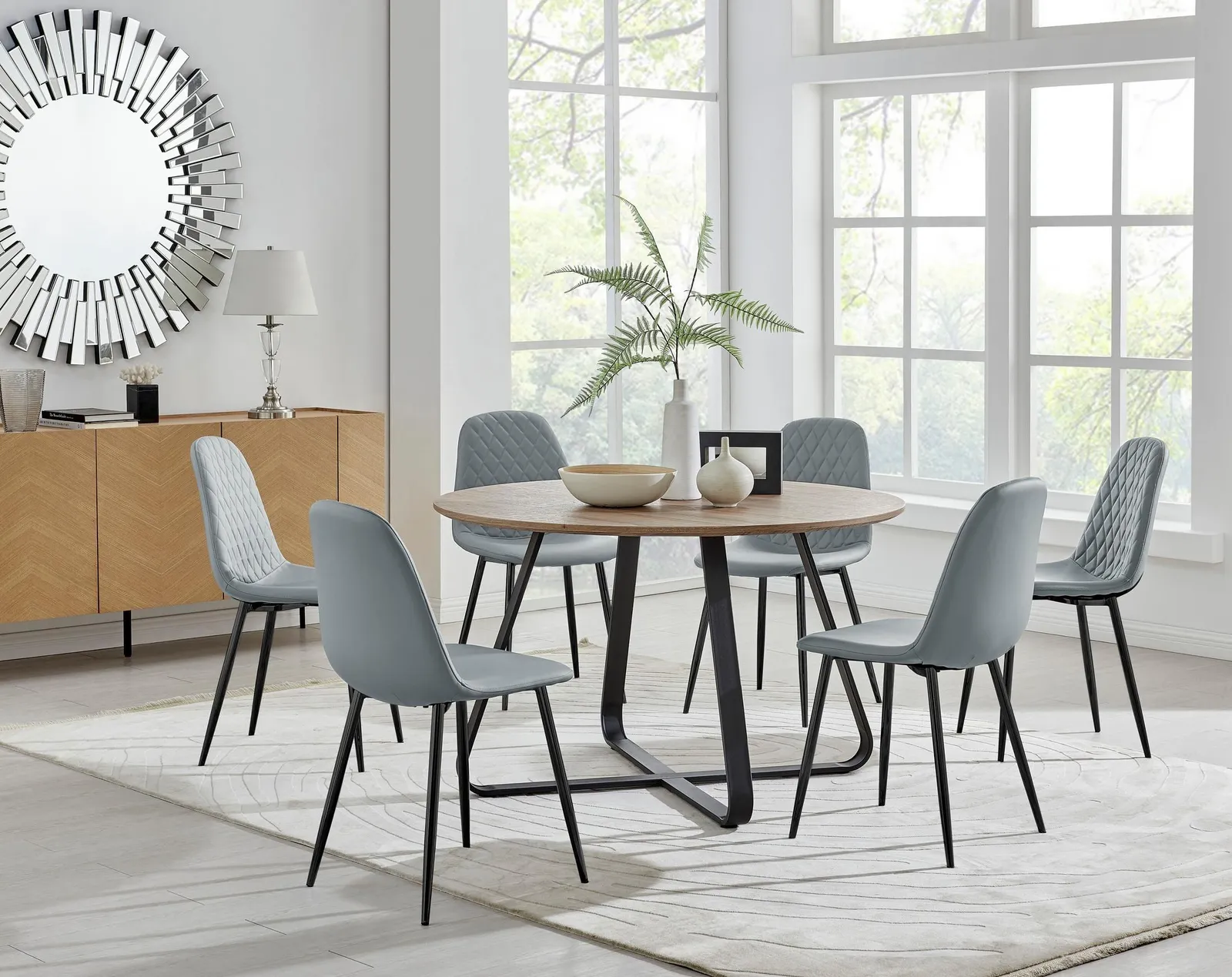 FurnitureboxUK Santorini Brown Round Dining Table & 6 Corona Black Leg Chairs in Grey
