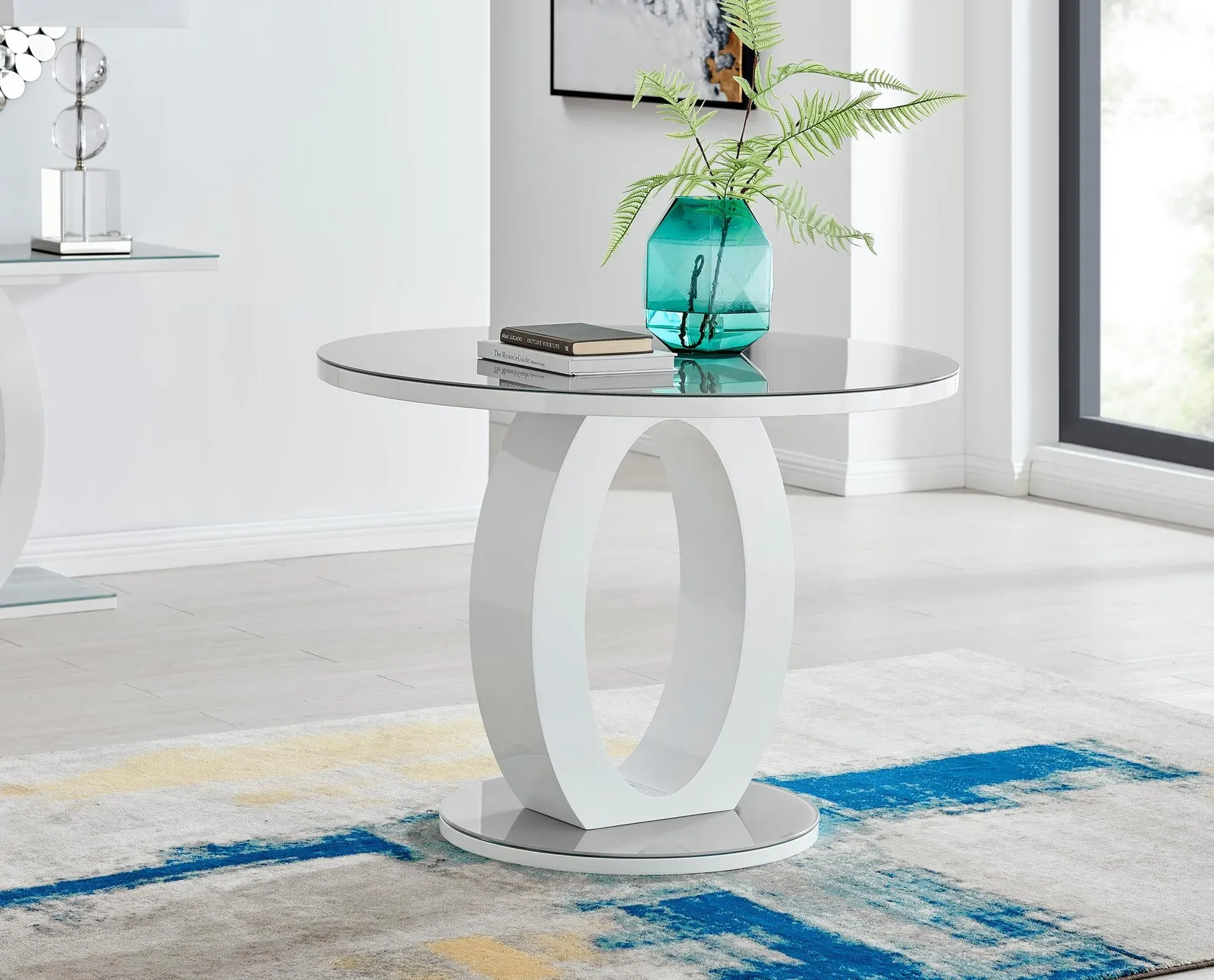 FurnitureboxUK Giovani Round 4 Seat 100cm White High Gloss Halo Base Grey Glass Top Dining Table 4 Soft Velvet Silver Leg Milan Chairs 2