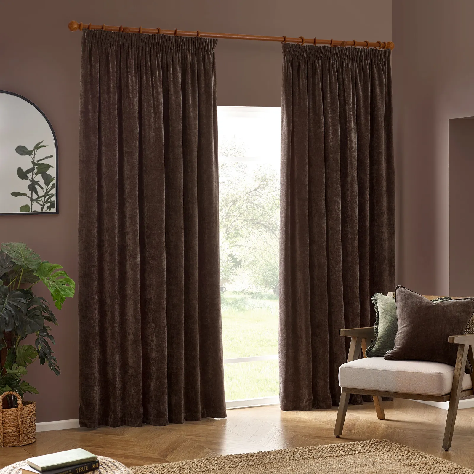 Yard Heavy Chenille Velvet Room Darkening Pencil Pleat Curtain Pair in Brown 2