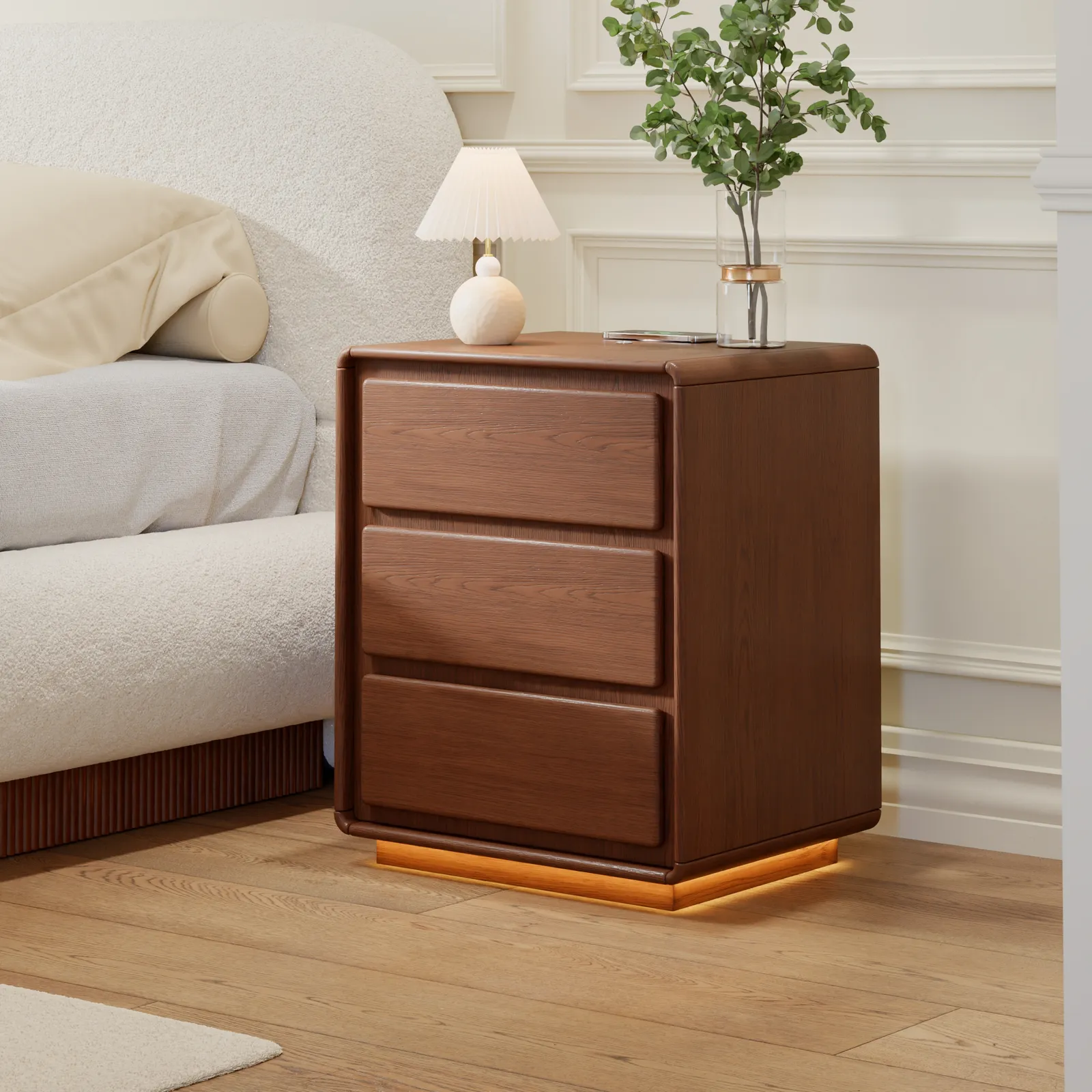 Haloa Walnut 3-Drawer LED Nightstand with Charging Station
