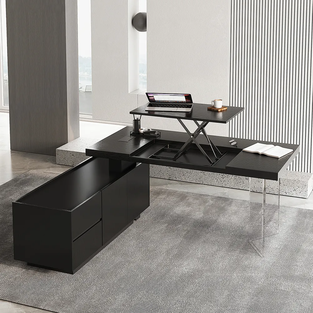 180 cm Modern Black L-Shape Executive Desk with Side Cabinet Height Adjustable Desktop Standing Desk with Clear Arcylic Leg