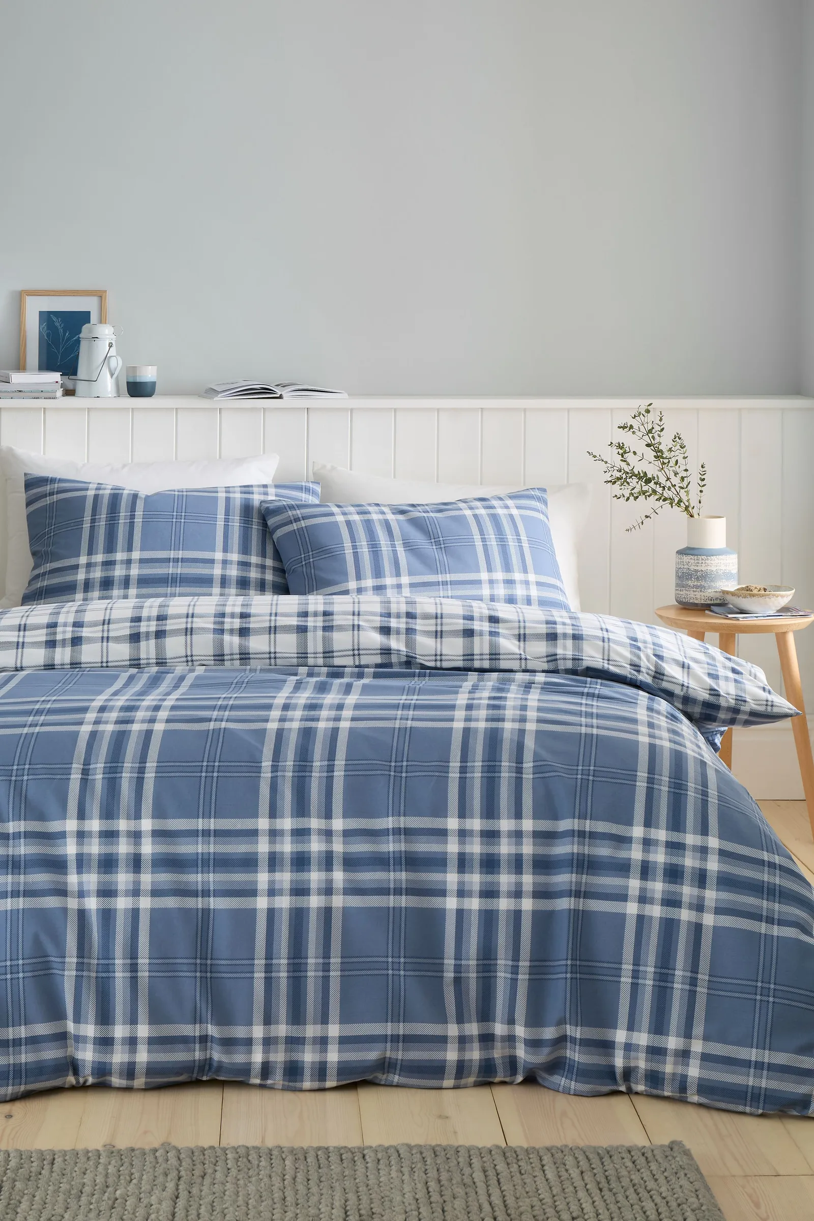Catherine Lansfield 'Kelso Check' Reversible Duvet Cover Set in Blue 1