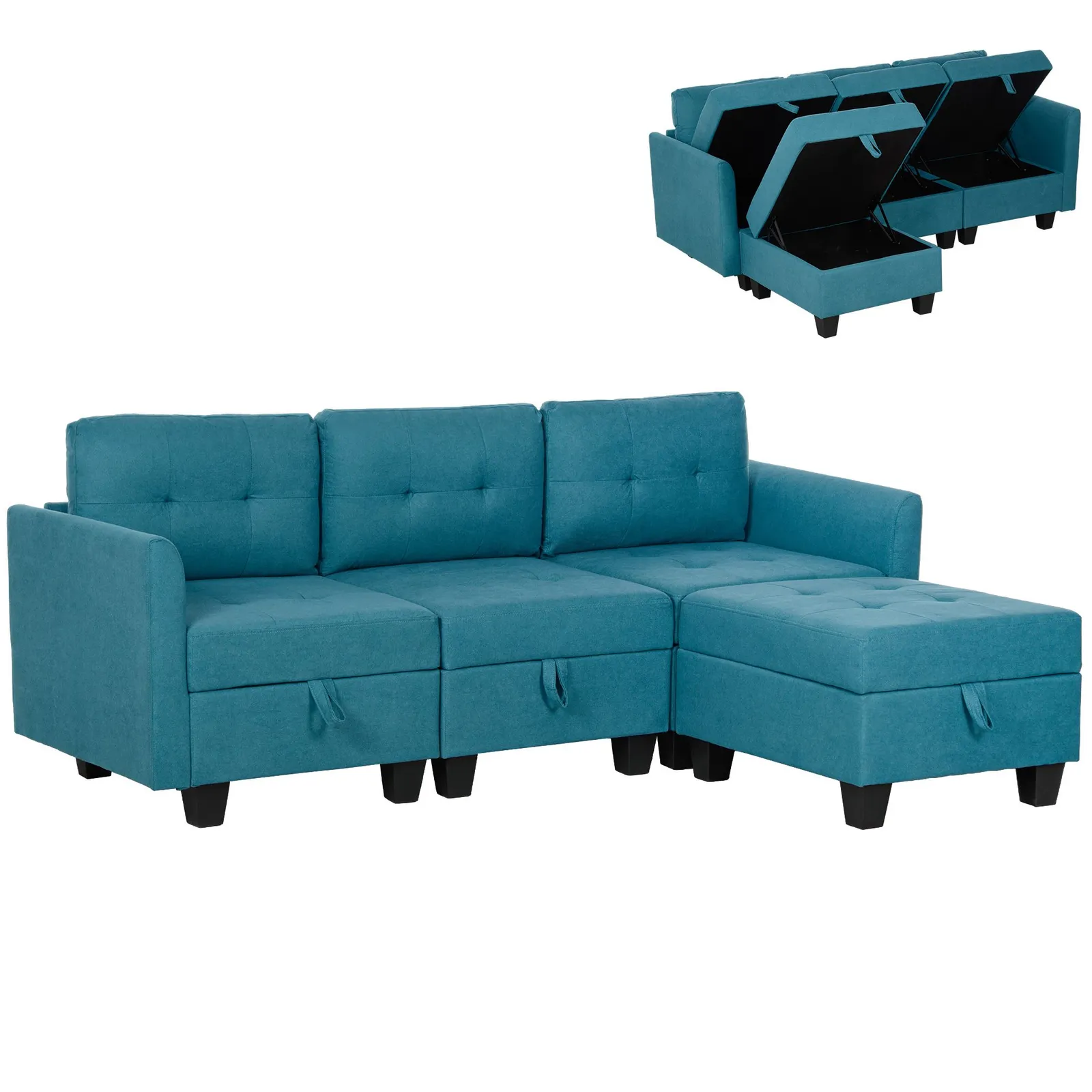 HOMCOM Convertible Modular Sectional Sofa w/ Storage Wood Frame Light Blue 2