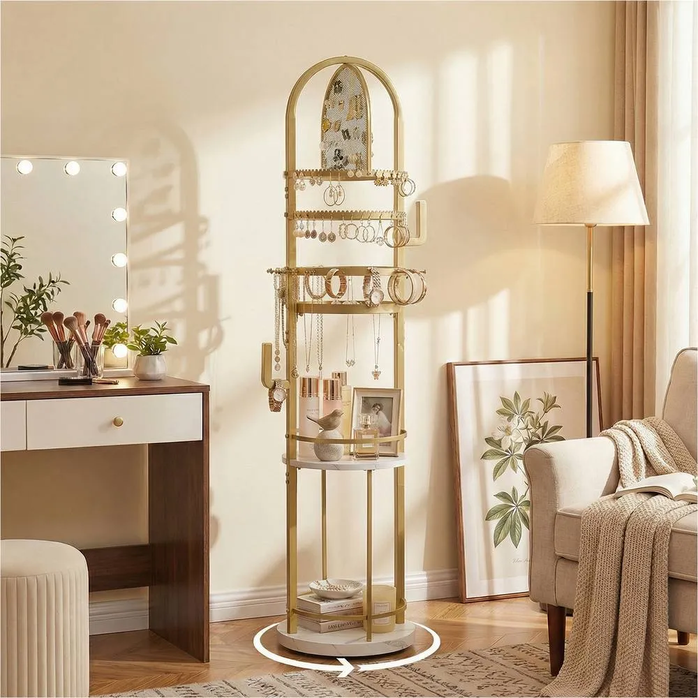 Costway Jewelry Organizer Stand Rotating Jewelry Storage Rack w/Earring Holder in Gold 4