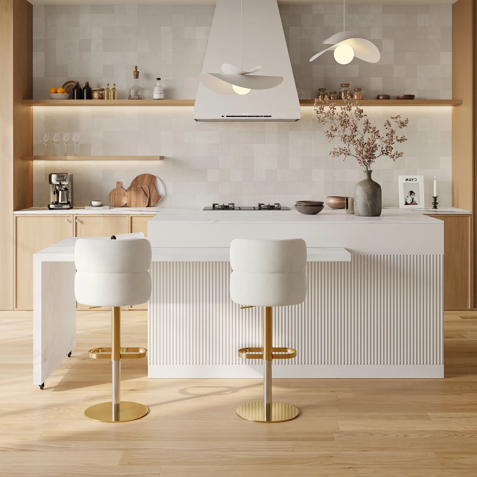 205 - 284 cm Modern Extendable White Marble Pattern Kitchen Island with Doors and Drawers