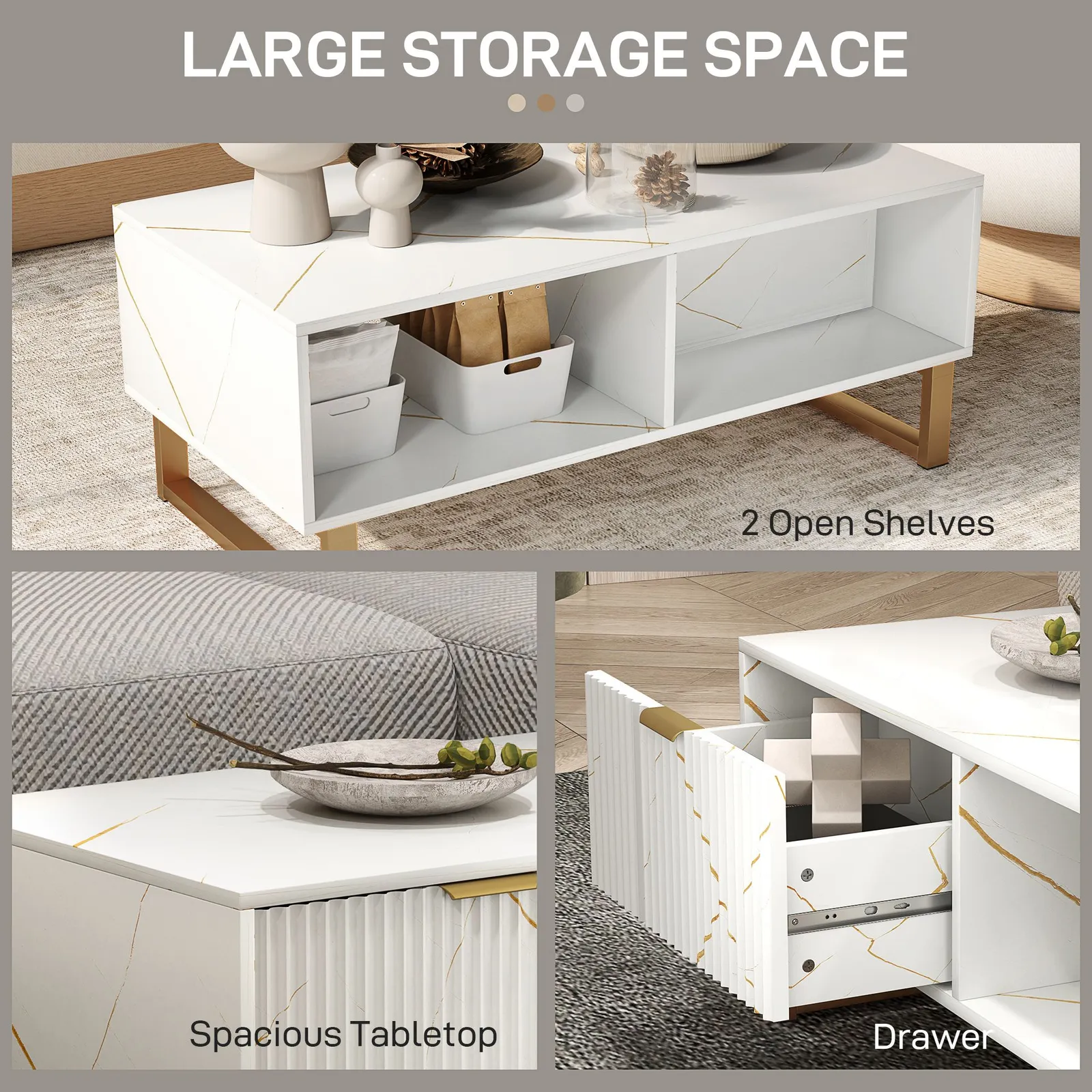 HOMCOM Coffee Table, Living Room Table with Drawer & Open Shelves in White 5