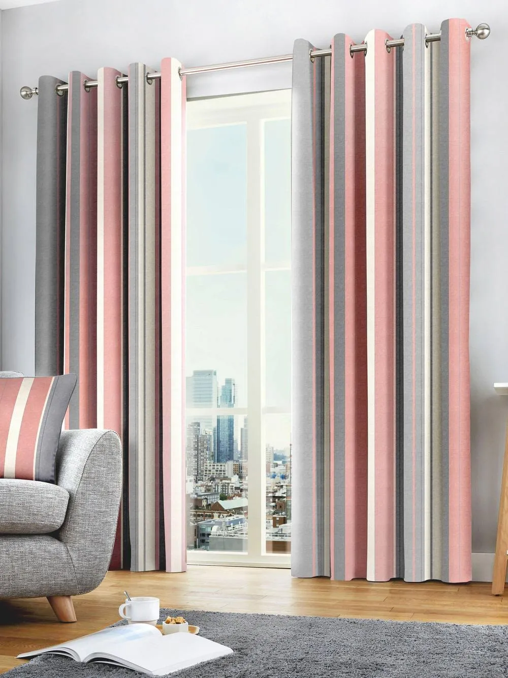 Fusion 'Whitworth Stripe' Fully Lined 100% Cotton Eyelet Curtains in Rose 1