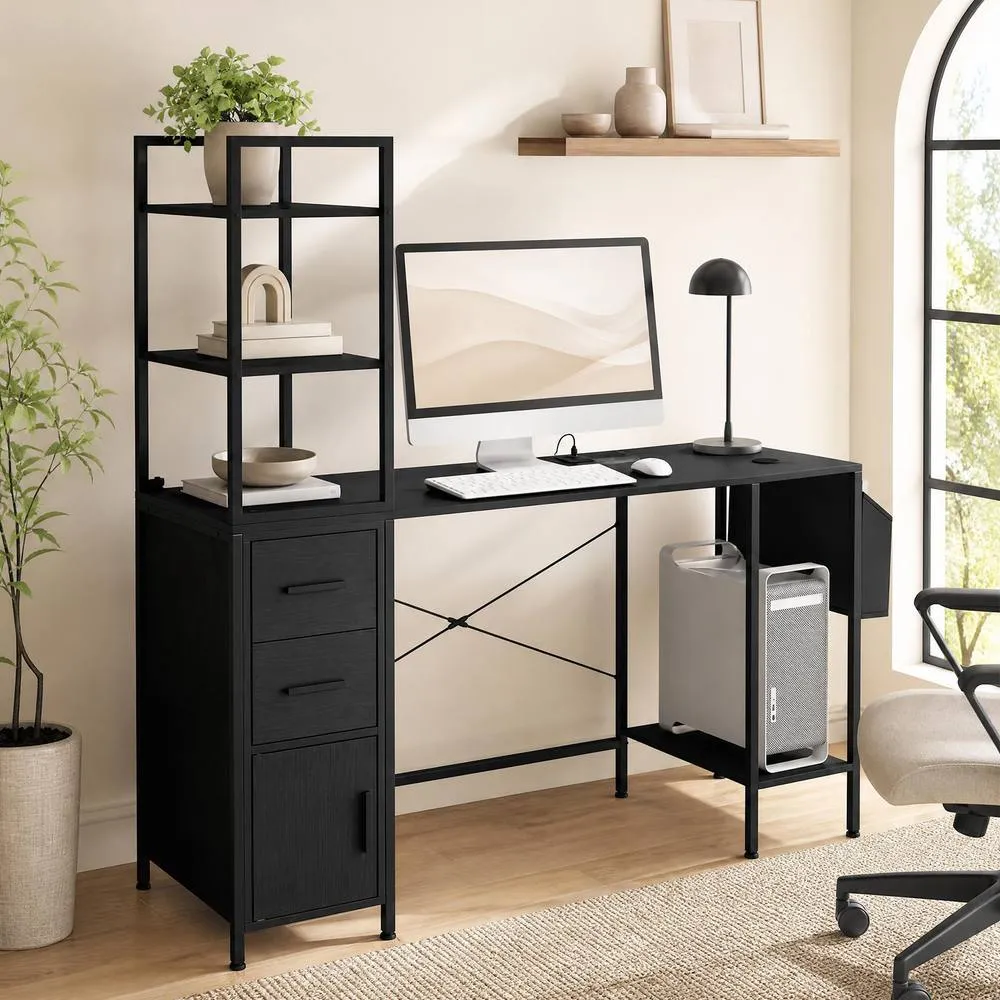 Costway Office Desk with LED Lights & Power Outlets Black Computer Desk with Shelf 4