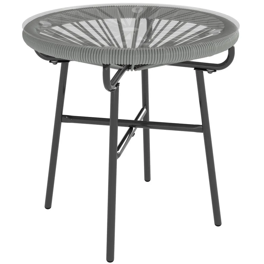 OUTSUNNY Rattan Side Table w/ Tempered Glass Tabletop, Light Grey 2