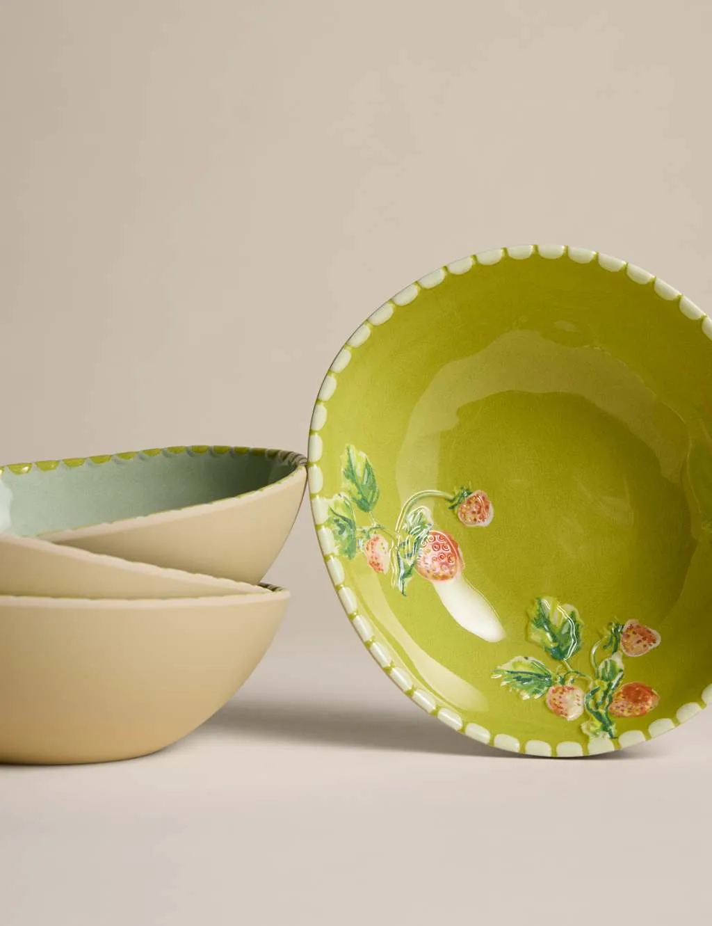 M&S Set of 4 Floral Picnic Cereal Bowls Green Mix