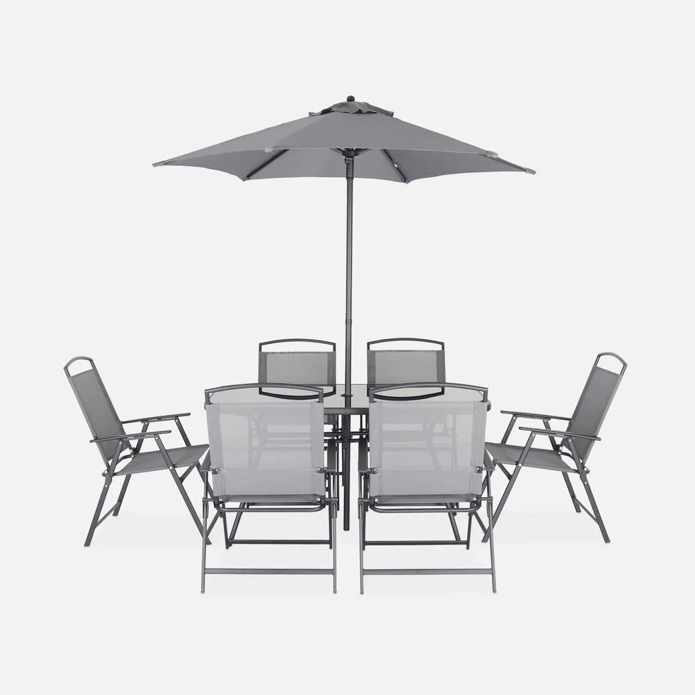 sweeek 6-seater Metal Dining Set With Foldable Chairs & Parasol in Grey 2