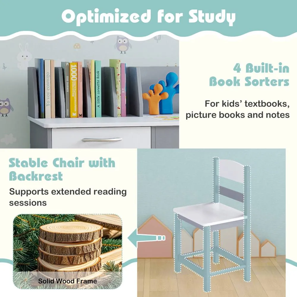 Costway Kid's Study Desk & Chair Set Wooden Activity Table w/ Chair in Grey 6