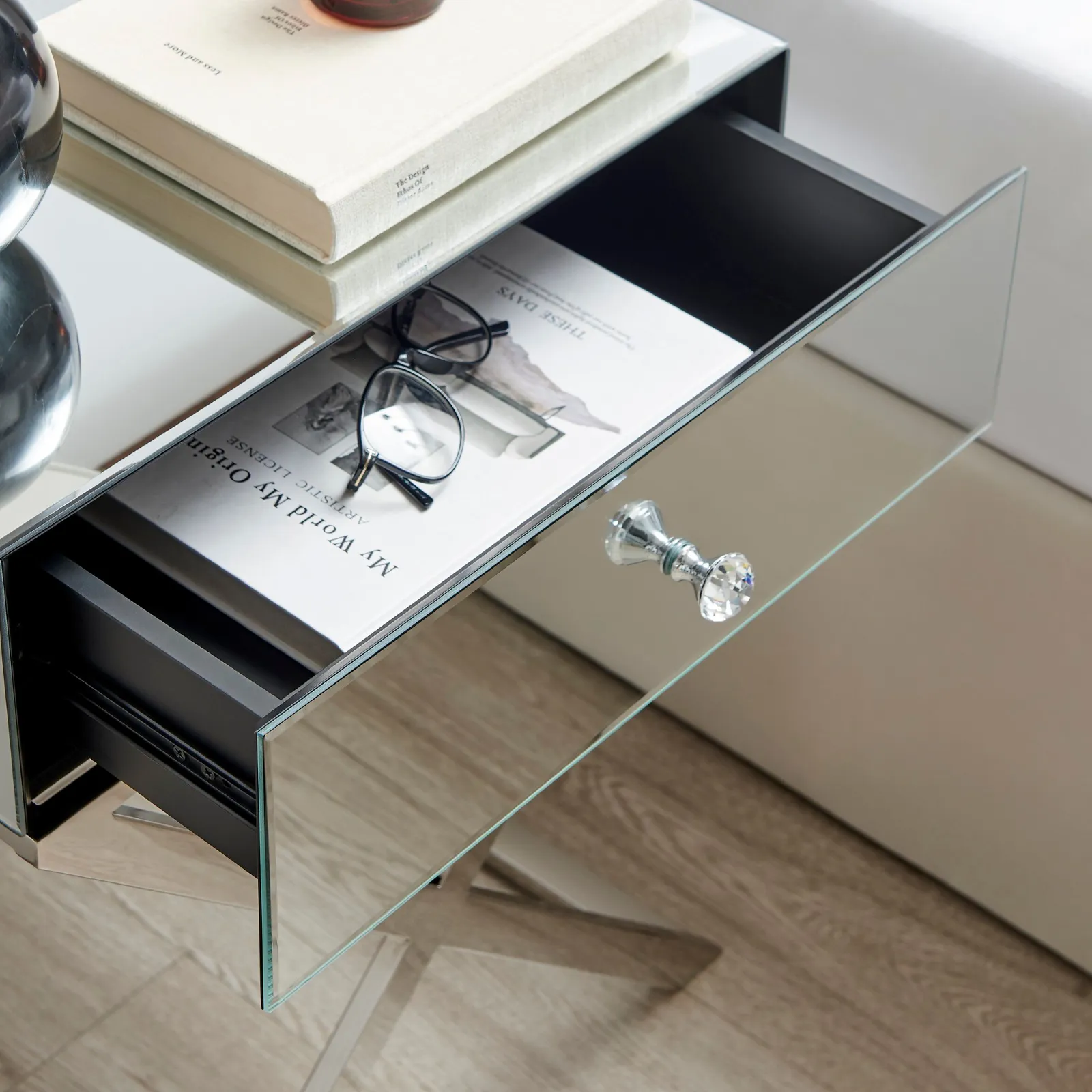 FurnitureboxUK Celeste Single Drawer Mirrored bedside Table With Silver Chrome Cross Legs 4