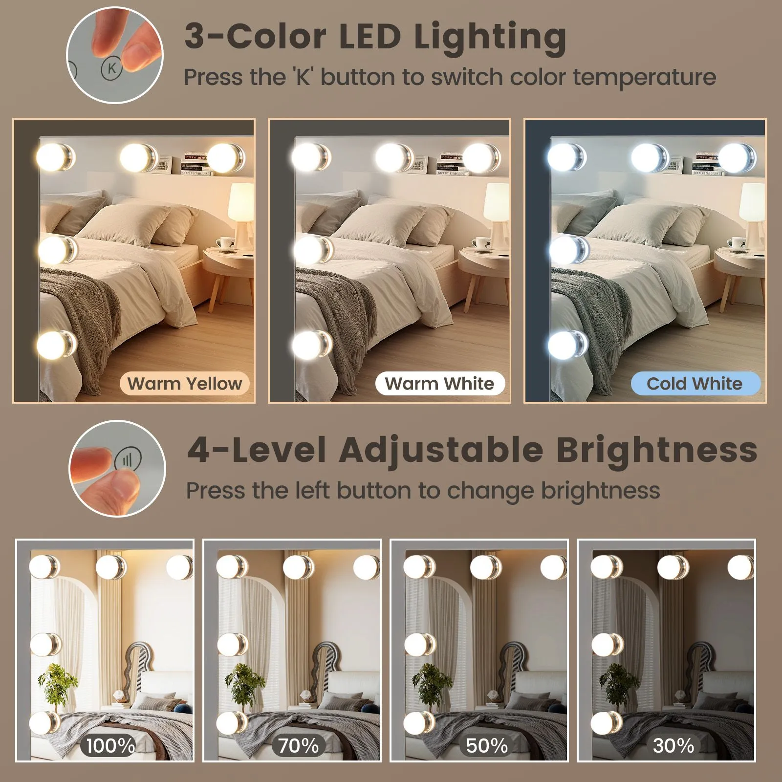 Costway Vanity Mirror with Lights Hollywood Lighted Mirror w/ 3 Color Lighting Modes in White 4