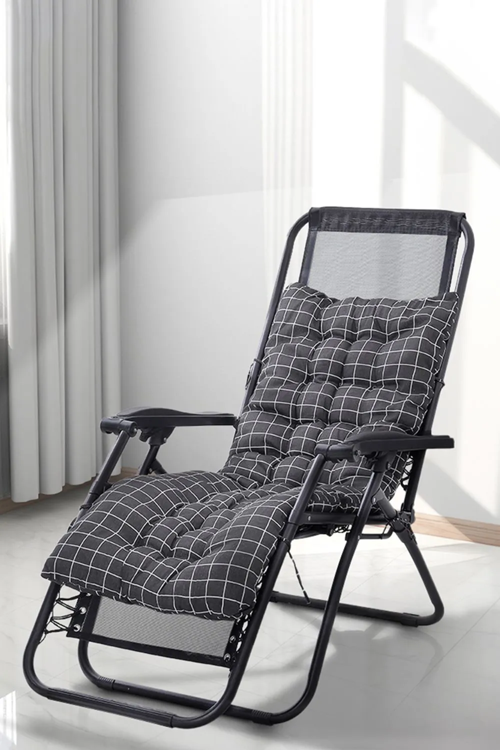Living and Home 170cm L x 48cm W Plaid Print Beach Chair Seat Cushion Button Tufted Lounge Cushion in Black