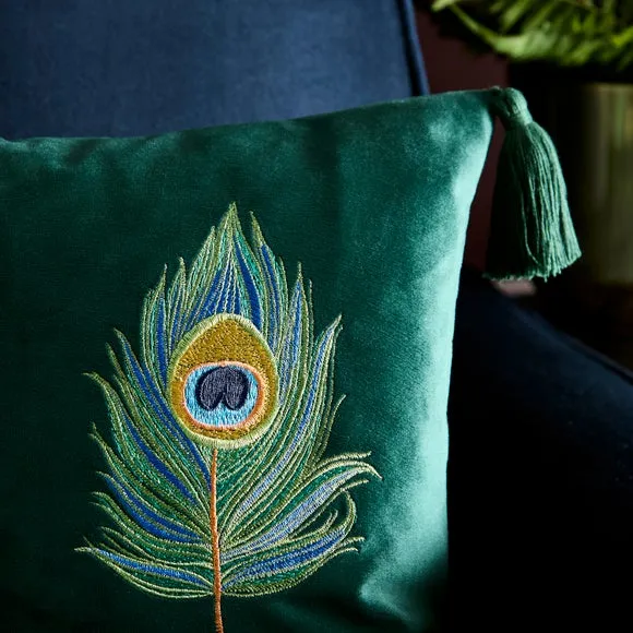 Embroidered Peacock Feather Rectangle Cushion 2
