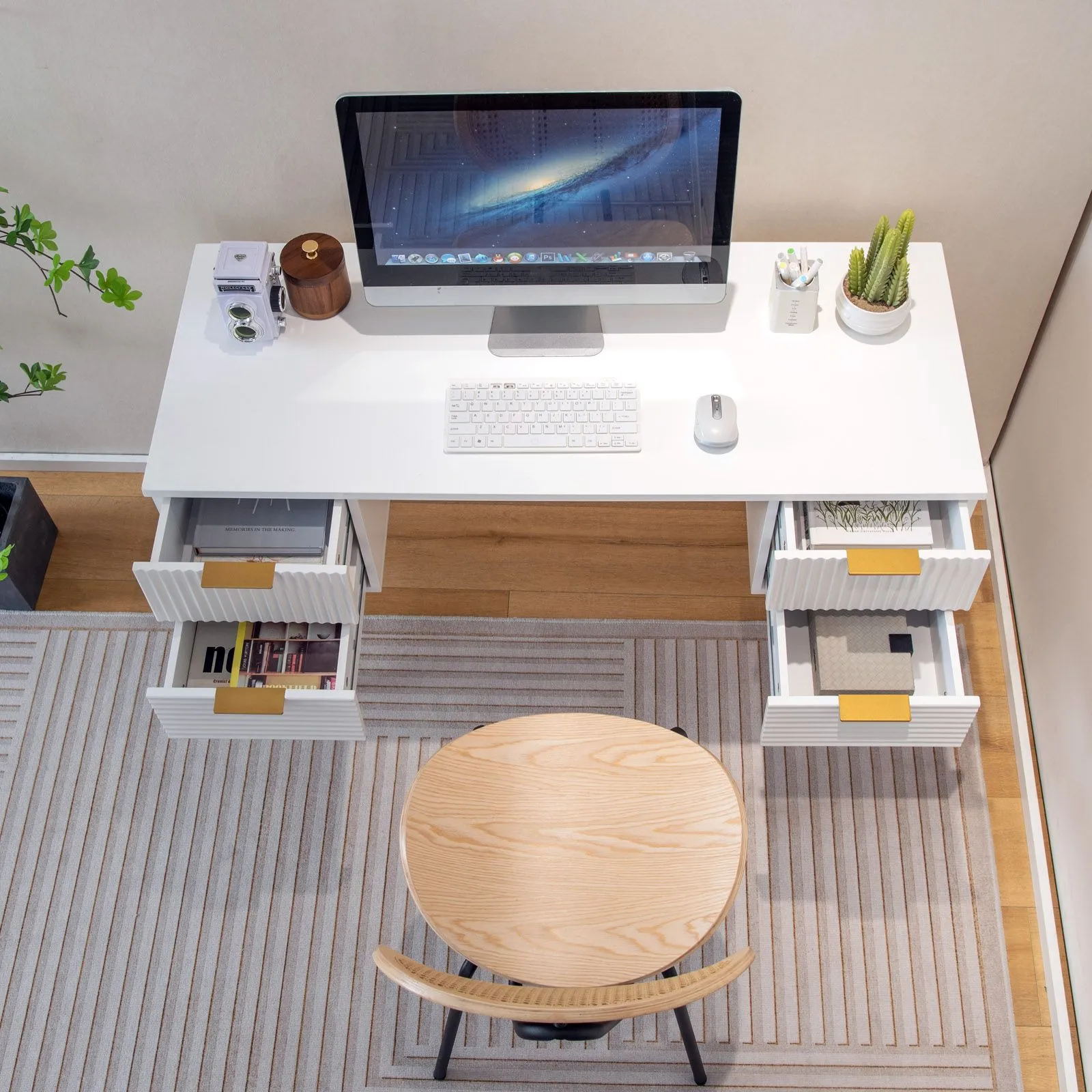 Costway Home Office Desk Computer Desk Study Writing Table PC Workstation W/ 4 Drawers in White 4