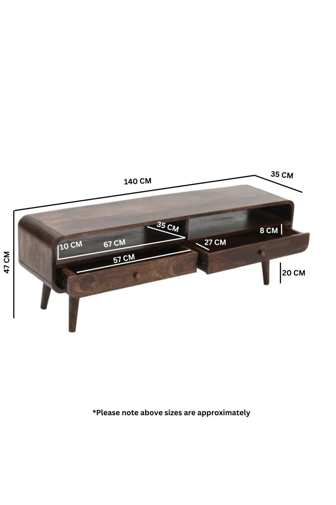 IH Design Malena Dark Mango Wood Large TV Stand with 2 Drawers in Dark Brown 6