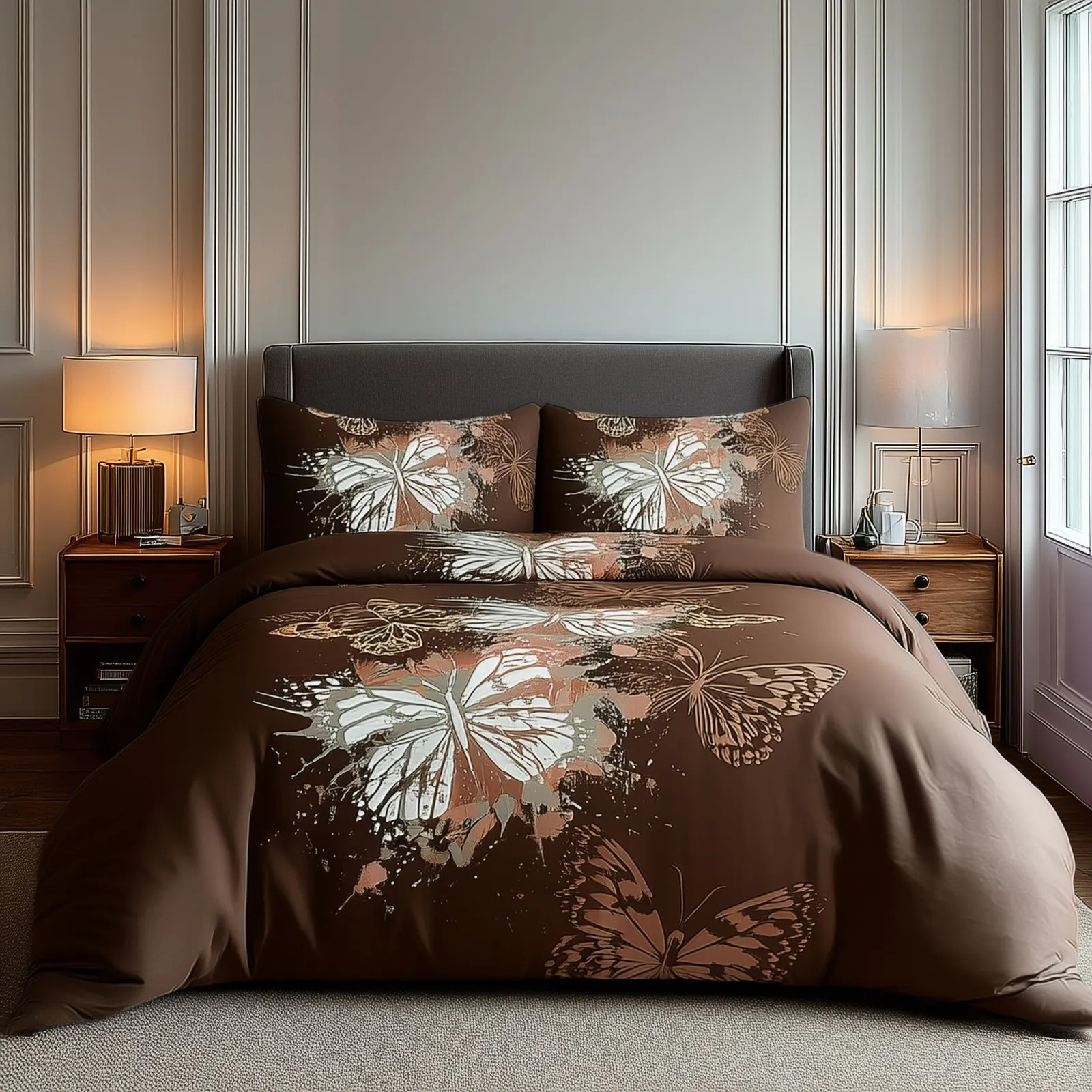Snug City Duvet Cover & Pillowcase Set Printed Butterfly Design Bed Linen in Chocolate