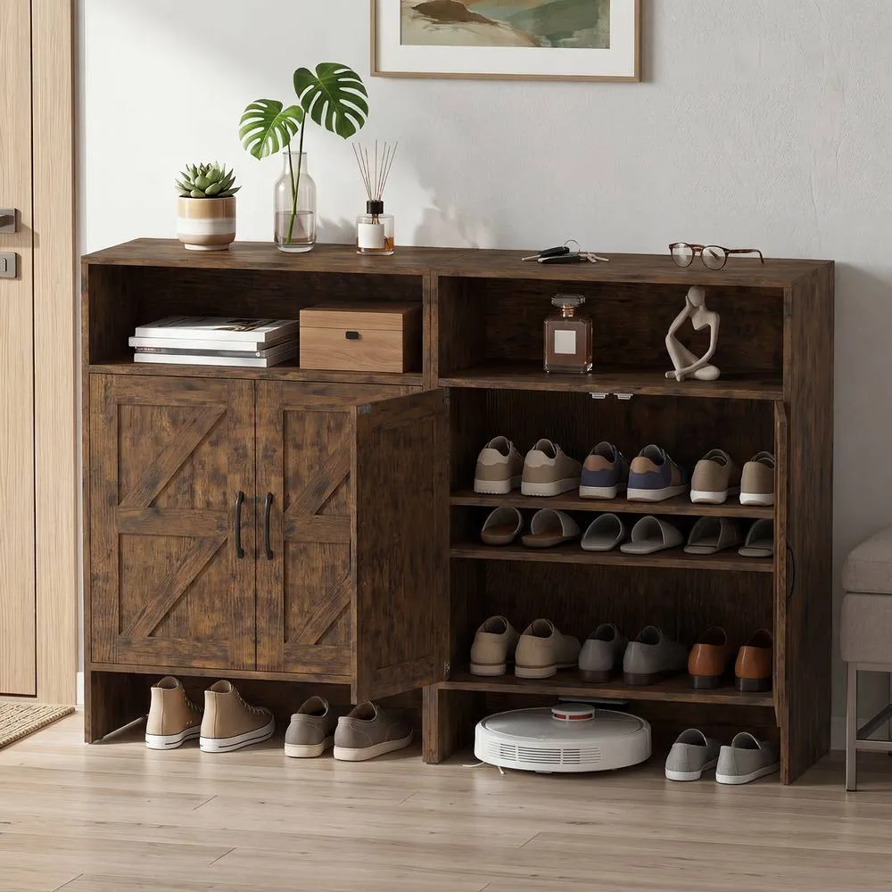 Costway Shoe Cabinet w/ 2 Barn Doors Narrow Shoe Storage Cabinet Shoe Rack in Brown 6
