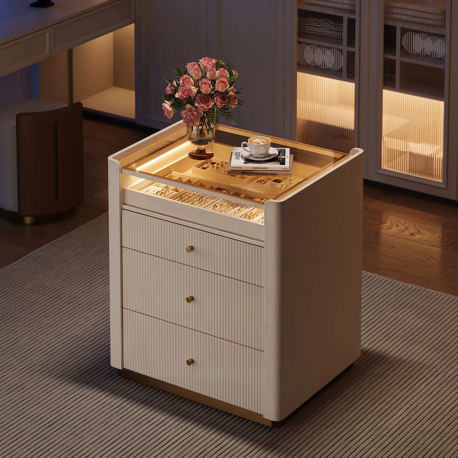 Modern Fluted Leather Closet Island 7 Drawer Dresser with Light & Jewellery Storage
