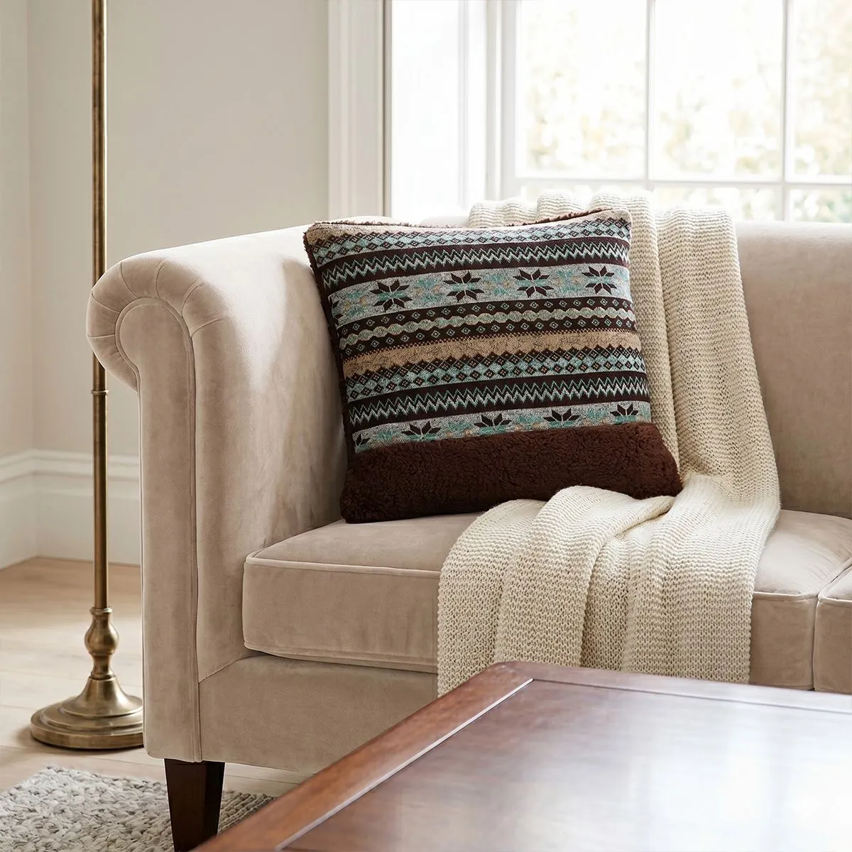 Orsina Fairisle Brown Throw Cushion, Polyester Décor Cushion for Relaxing, Washable Cushion for Sofa, Bed, Chair