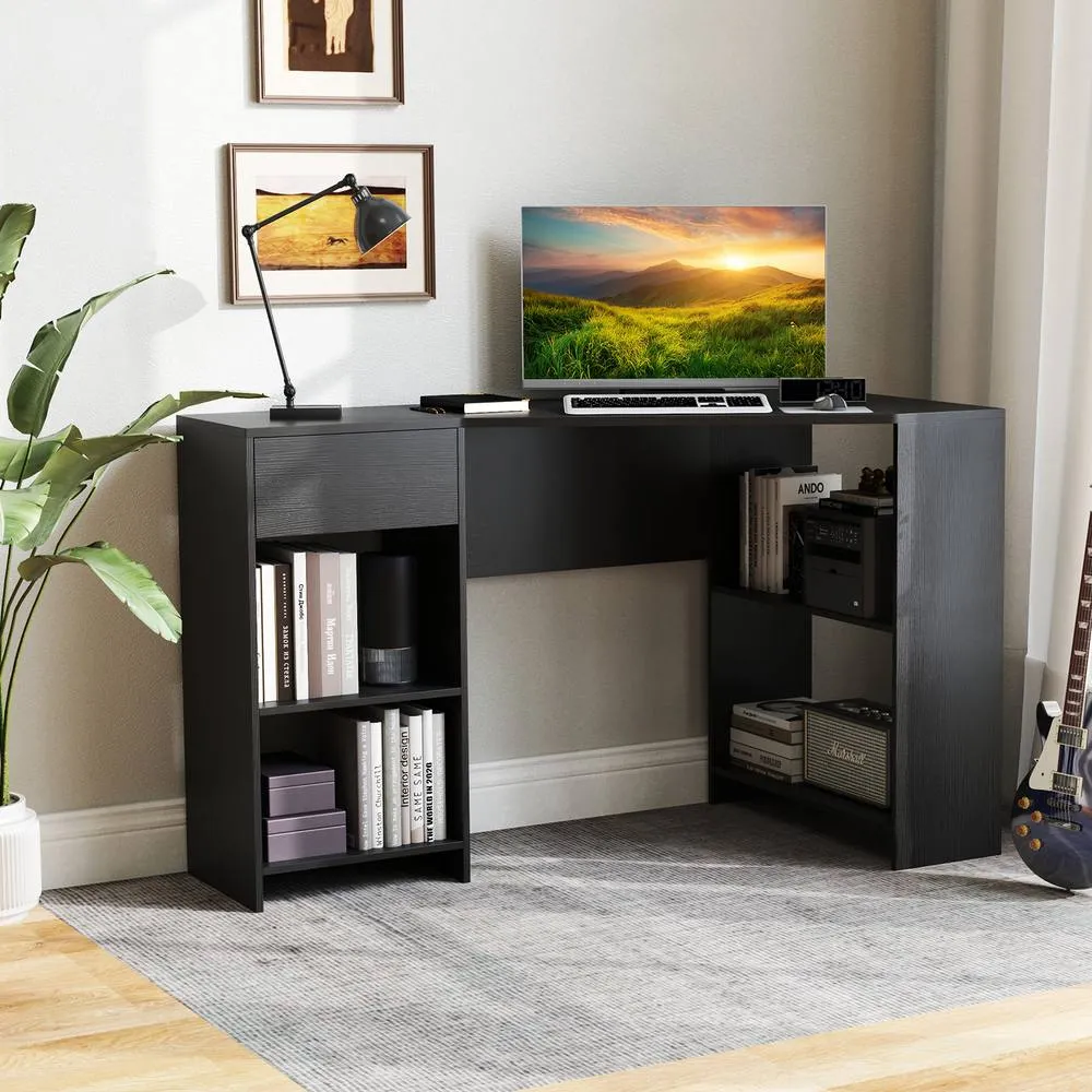 Costway L-Shaped Computer Desk Compact Corner Executive Desk w/Storage-Black in Black