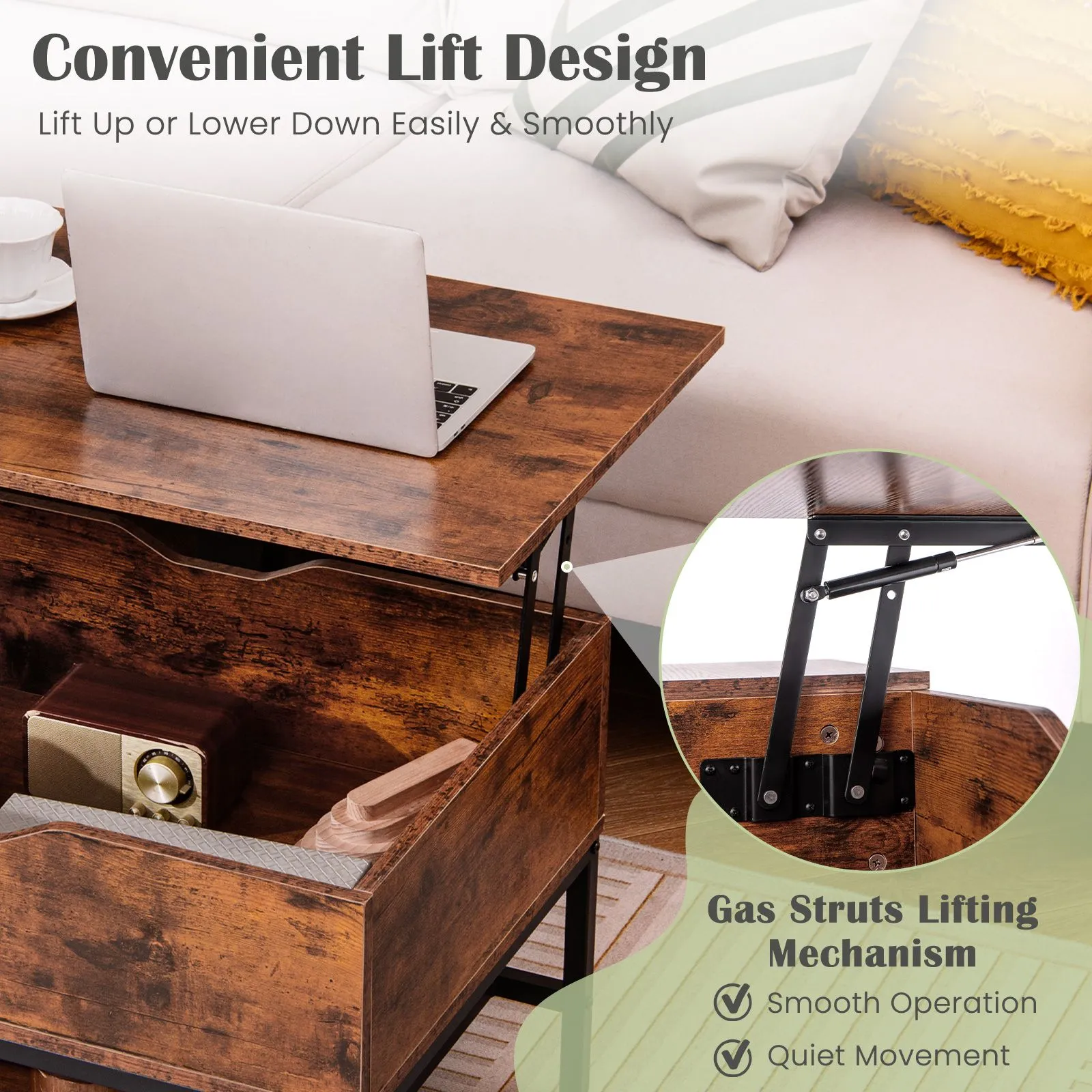 Costway Lift Top Coffee Table Living Room Center Table W/ Removable Shelf in Brown 6