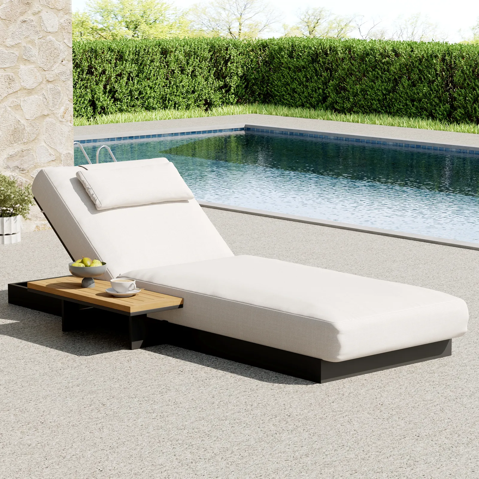 Tevara Teak & Aluminium Outdoor Lounger Daybed Modern Yard & Patio Furniture in Beige Cushion & Pillow Included (200 cm)