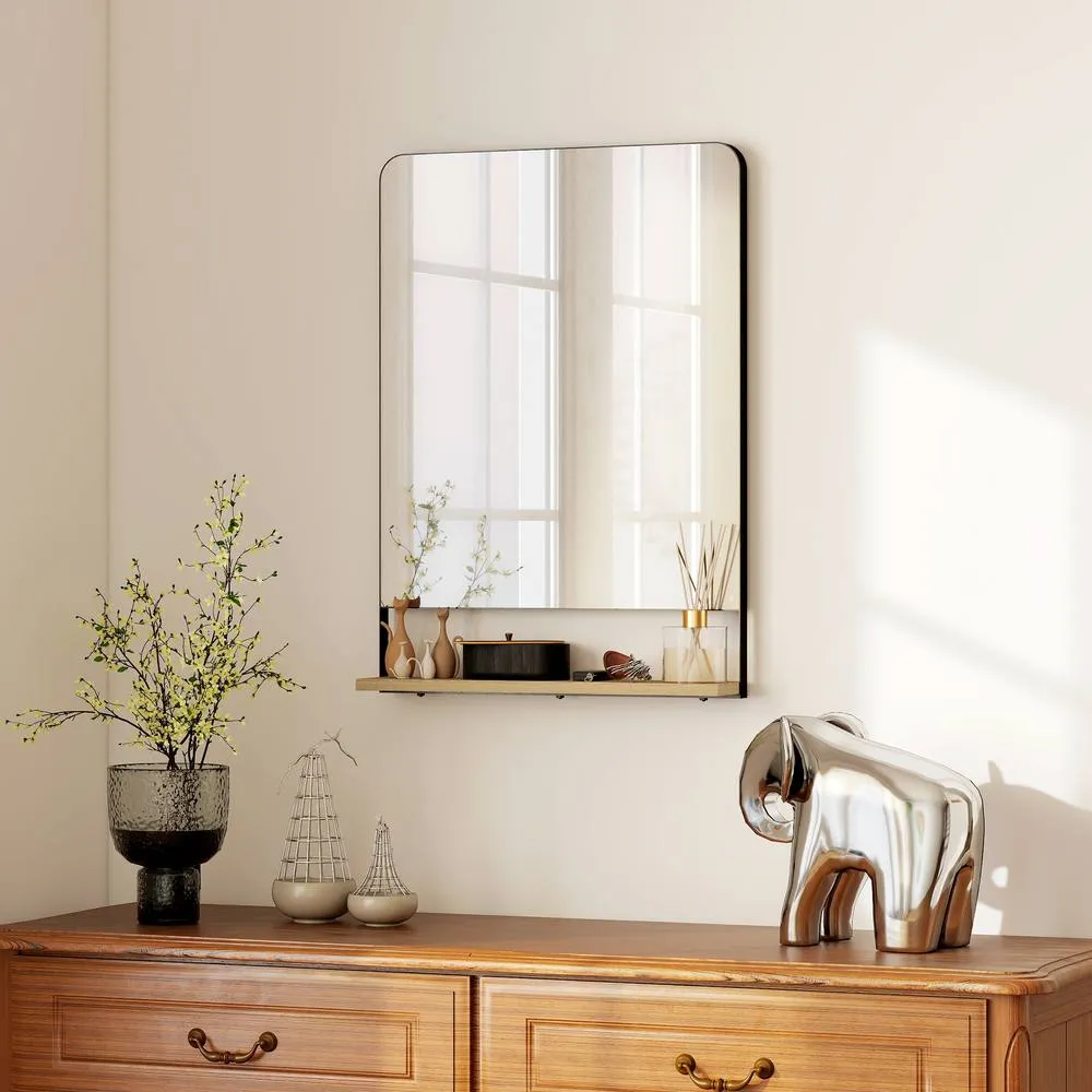 HOMCOM Decorative Mirror with Wood Shelf, Industrial Wall Mirror, Black 2