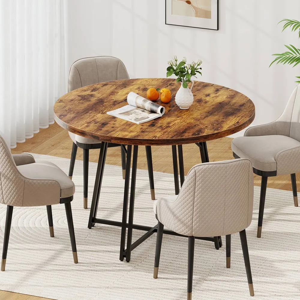 Costway 118CM Dining Table Round Kitchen Table Modern Diner Table in Brown 4