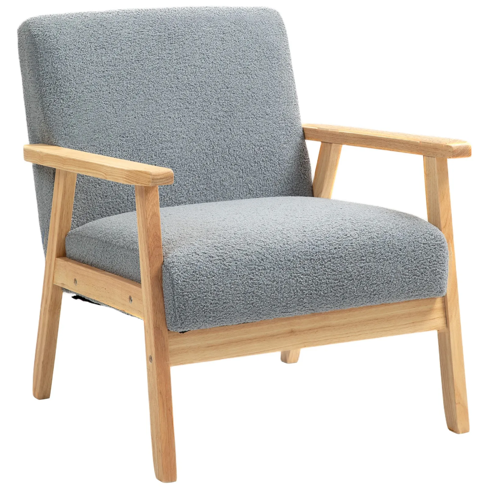 HOMCOM Accent Chair with Wood Frame Wide Seat Sherpa Fleece Armchair Grey 2