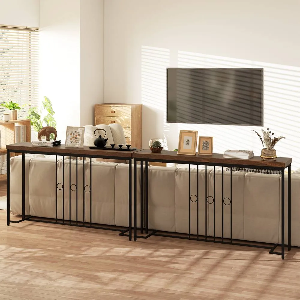 Costway Industrial Console Table 140CM Narrow Entryway Table Behind Sofa Table in Brown 5