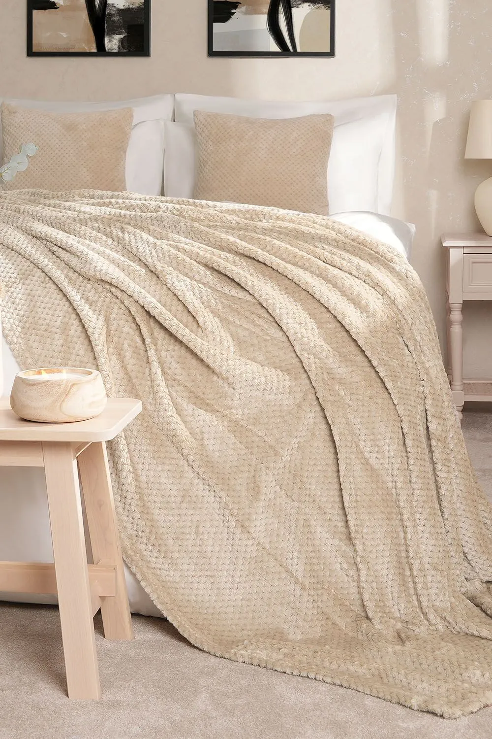 OHS Luxury Large Waffle Honeycomb Mink Warm Throw in Light Brown