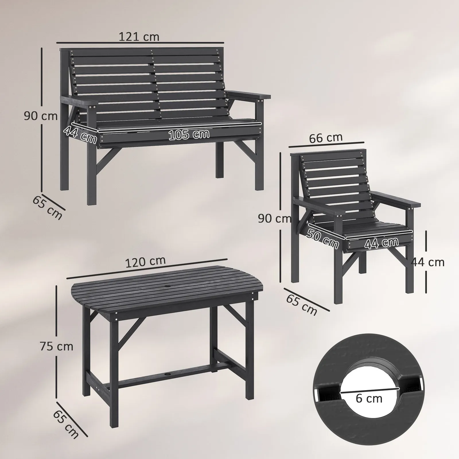 OUTSUNNY 5PC Patio Dining Set Wooden Table & Chairs w/ Umbrella Hole Grey 3