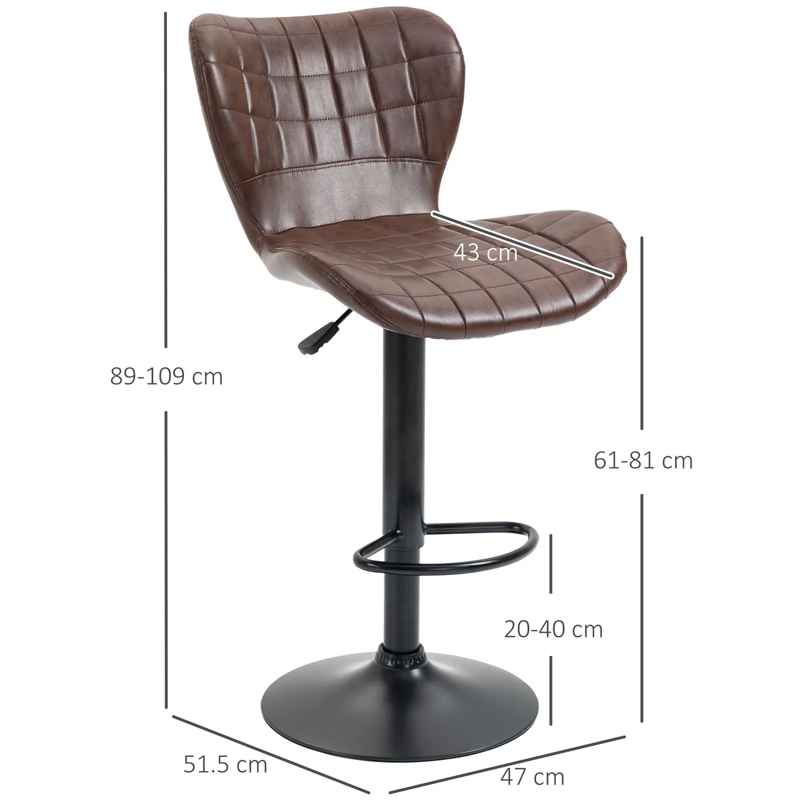HOMCOM Stools Set of 2 PU Leather Adjustable Height Swivel Bar Chairs w/ Footrest in Brown 3