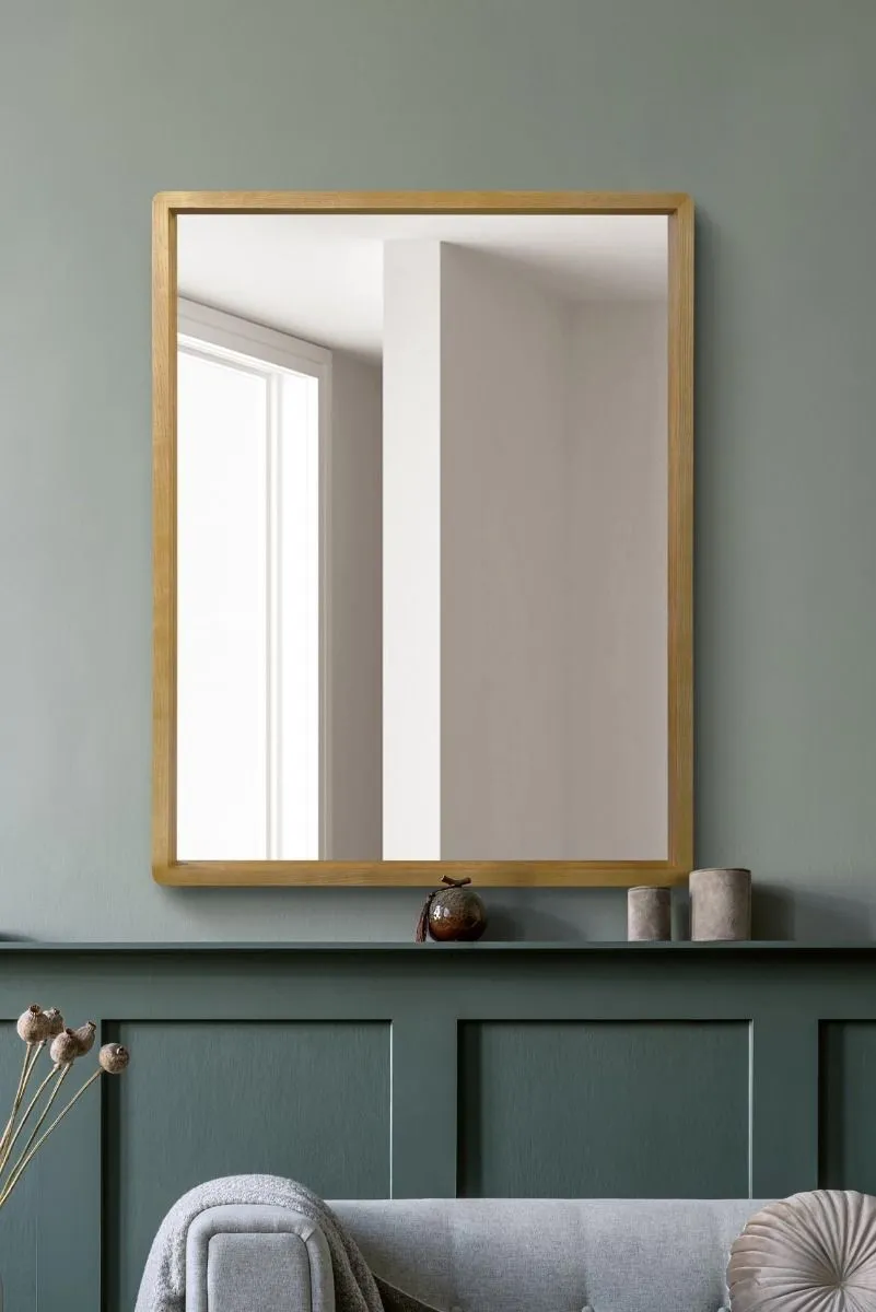 MirrorOutlet Solid Oak Framed Overmantle Wall Mirror 40" X 31" (102CM X 80CM) in Beige