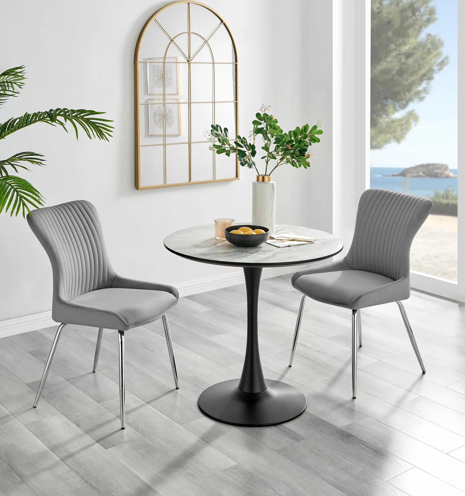 FurnitureboxUK Elina White Marble Effect Scratch Resistant Dining Table & 2 Nora Silver Leg Velvet Chairs in Light Grey 1