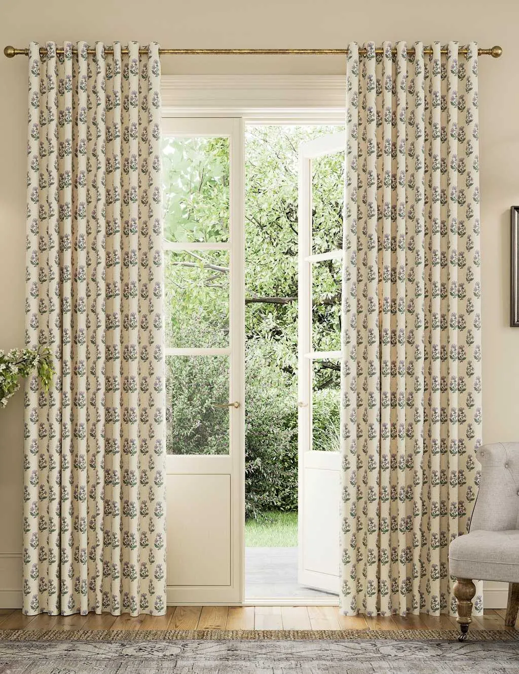 Joules Chamomile Pure Cotton Eyelet Blackout Curtains Cream Mix