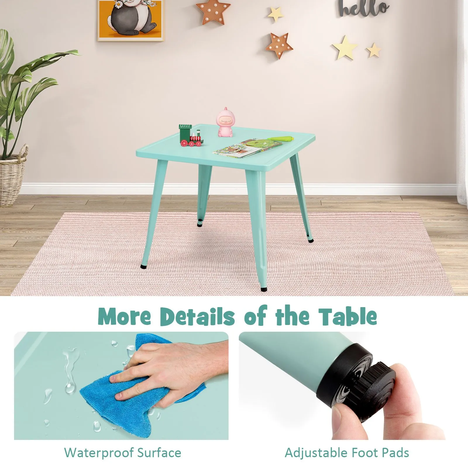 Costway Steel 27" Square Table Children Play Learn Activity Table Indoor Outdoor in Blue 2