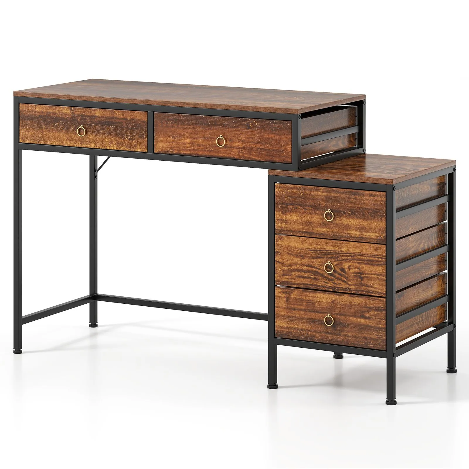 Costway Computer Desk Home Office Desk w/ Side File Cabinet & 5 Drawers in Brown 2