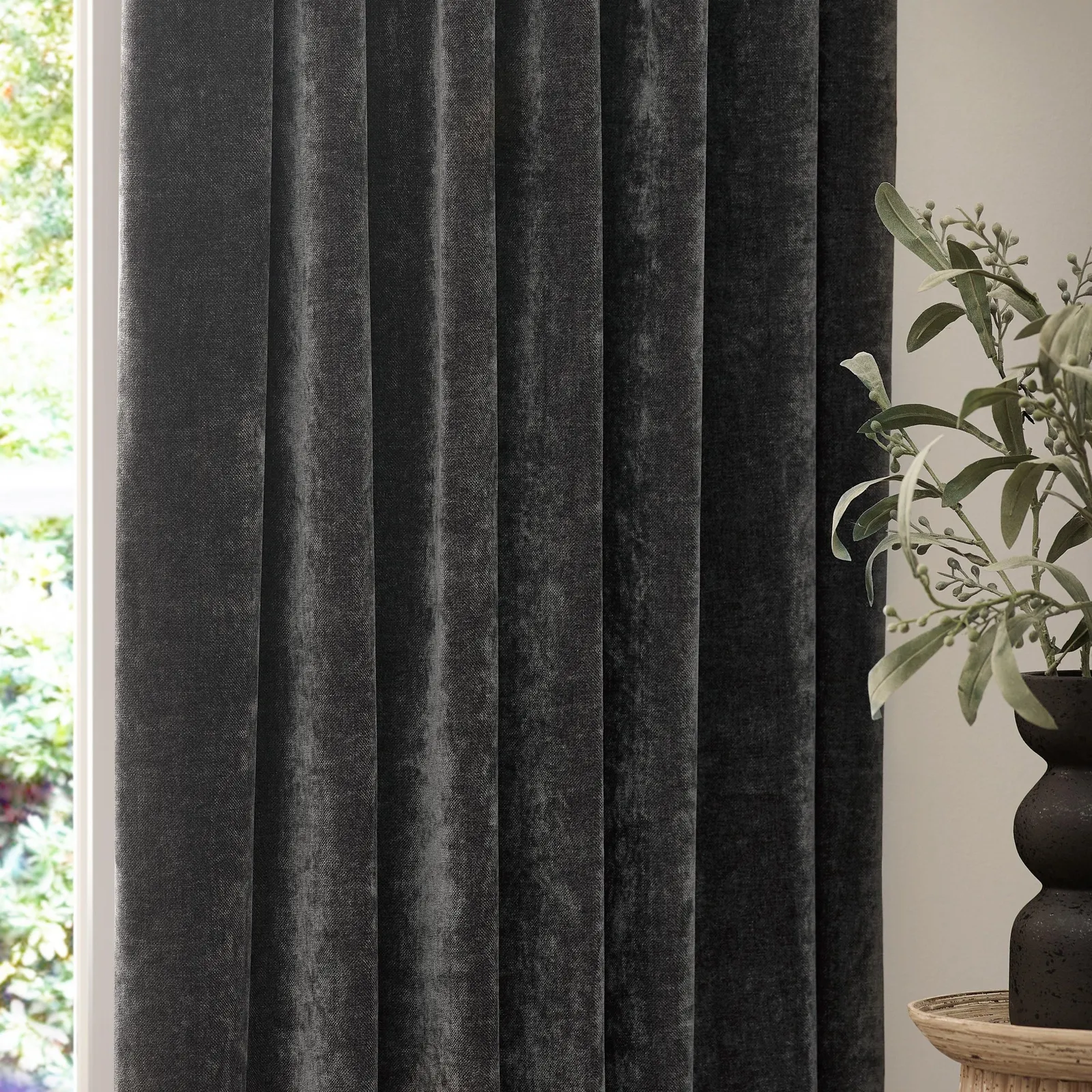 Yard Heavy Chenille Velvet Room Darkening Pencil Pleat Curtain Pair in Charcoal 3