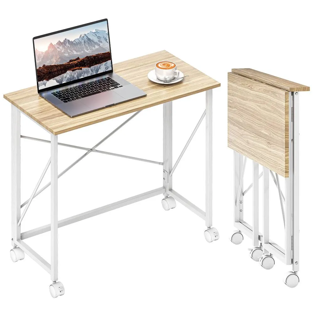 HOMCOM Folding Desk on Wheels, Writing Table for Home Office, Natural in Light Oak 2