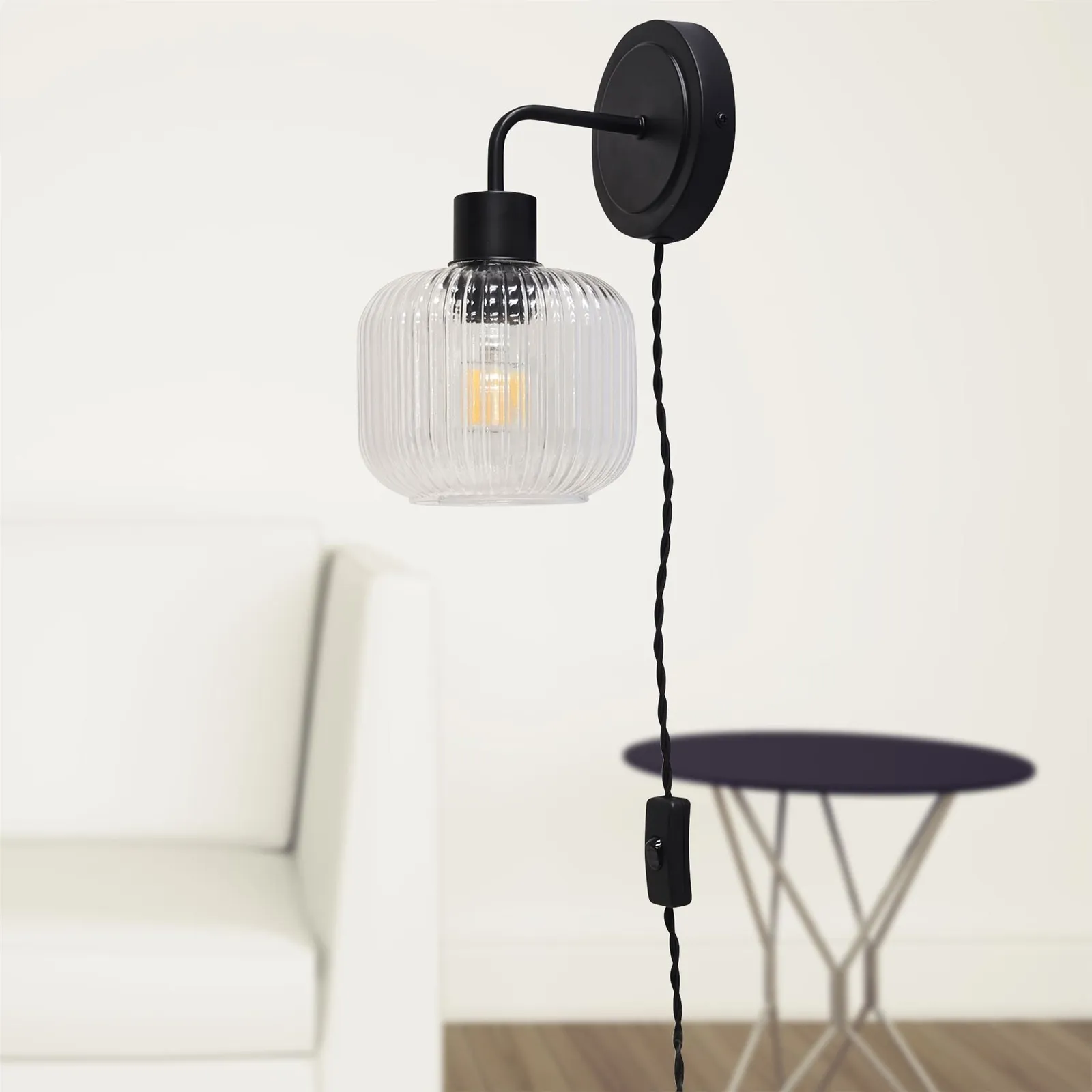 First Choice Lighting Set of 2 Toby - Black Plug in Wall Lights Ribbed Glass Shades 5