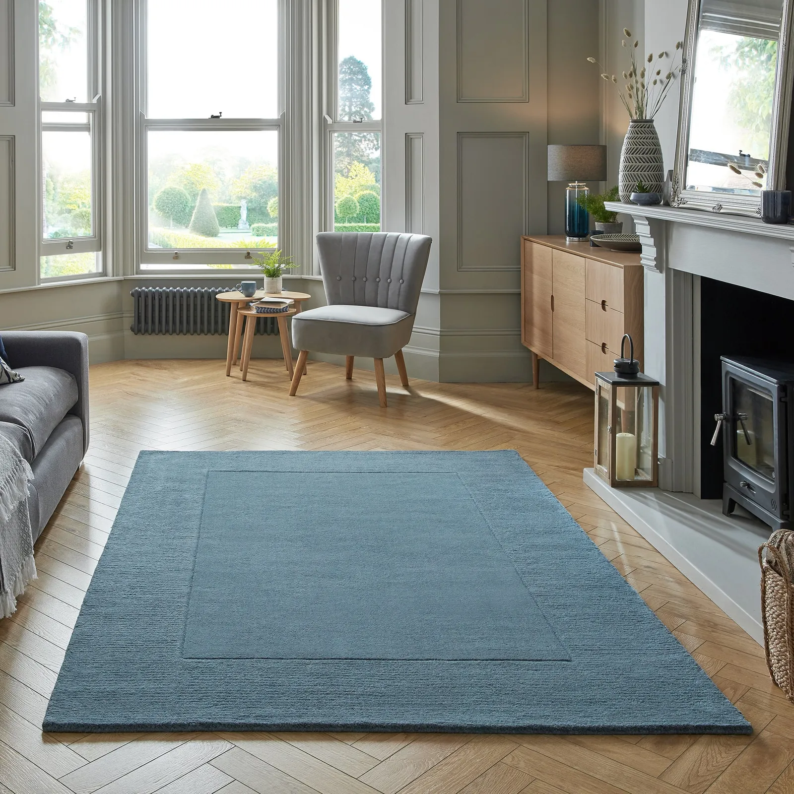 Boston Wool Border Rug Blue