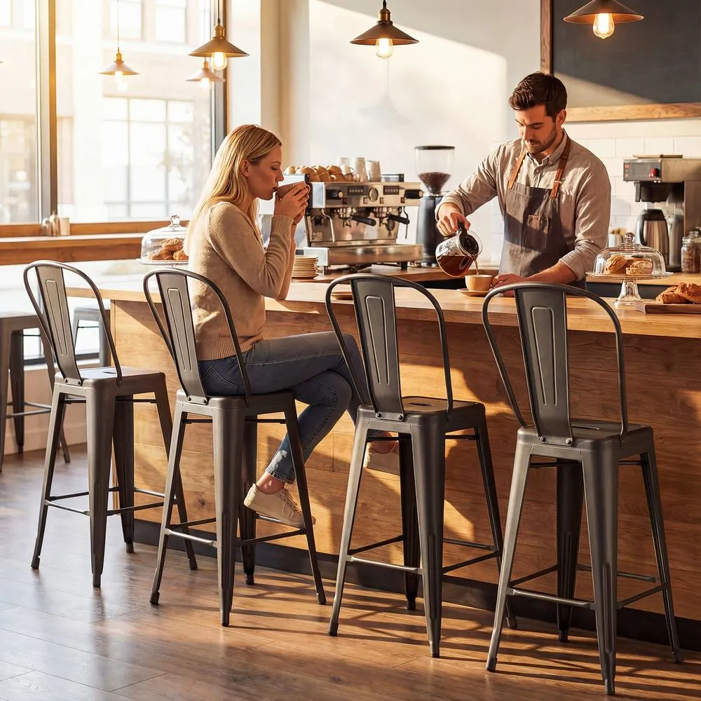 Costway 62 cm Counter Height Barstools with Backrests & Footrests in Grey 6