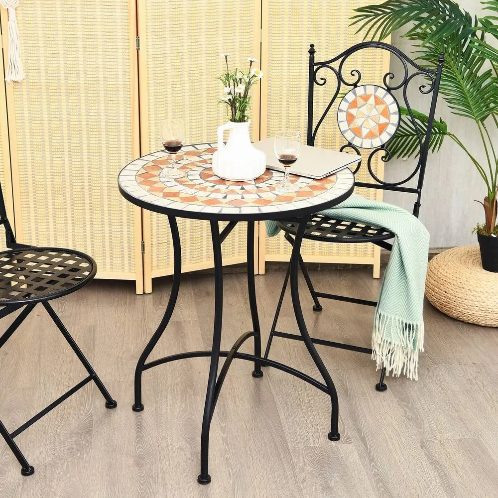 Costway Round Table with Iron Frame & Retro Mosaic Tabletop in Black 3