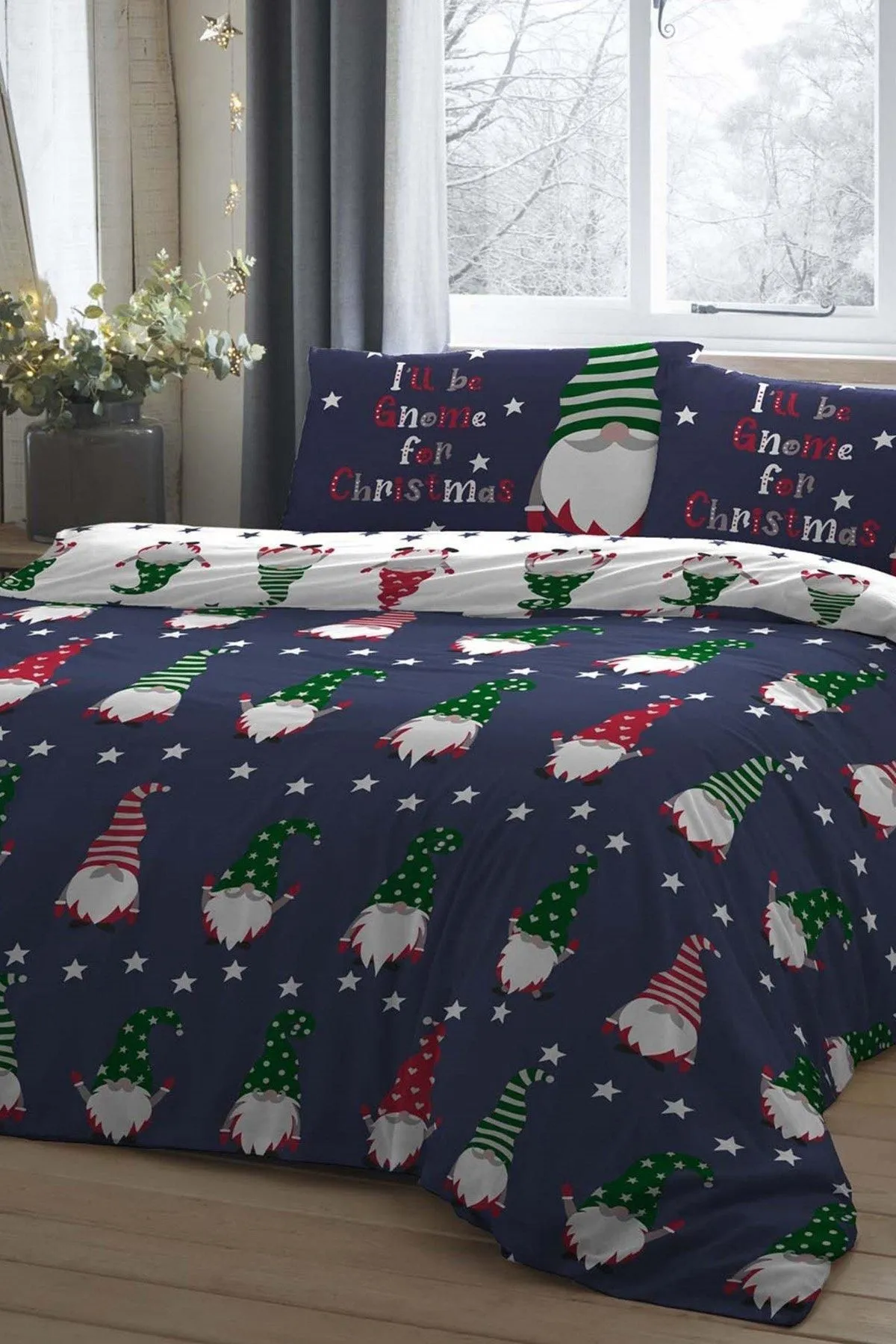 Fusion 'Gnome For Christmas' 100% Brushed Cotton Duvet Cover Set in Navy 1