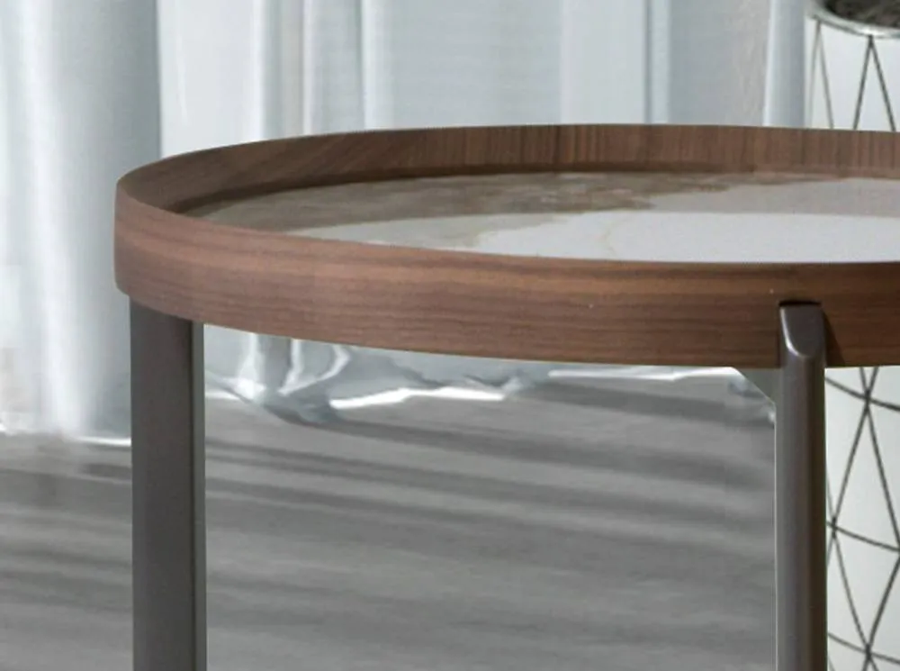 Angel Cerda Round Coffee Table with Porcelain Marble Top, Walnut in Brown 5