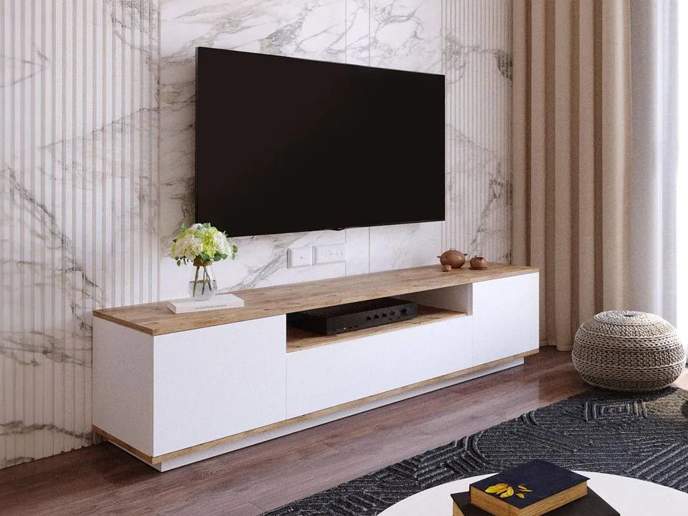 Vente-unique TV Unit With 3 Doors & 1 Compartment - White & Natural - LOTULA in Light Oak 5